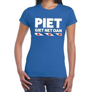 Blauw t-shirt met Friese uitspraak Piet Giet Net Oan dames - Friese weerman tekst shirt XL