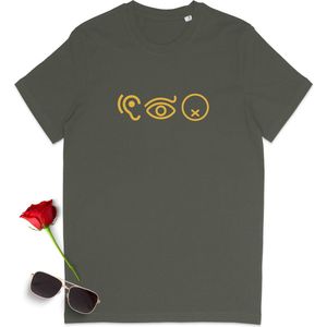 T Shirt Heren Dames - Horen Zien en Zwijgen - Khaki Groen - L