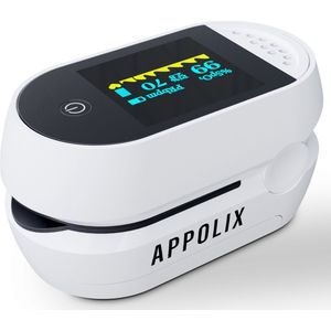 Appolix Saturatiemeter zuurstofmeter vinger - Oximeter - Hart & Zuurstofmeter - Medische kwalificatie - Incl. Batterijen & Koord - Wit