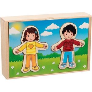 Goki Boy and Girl dress-up puzzle box in a wooden box