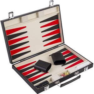 Backgammonkoffer Deluxe - 36x36x5 cm - Inclusief Dobbelstenen, Schudbekers en Fiches - Zwart PU Lederen Koffer