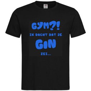 T-shirt Unisex Volwassenen Lol - carnaval - kermis - feestje - grappig - verjaardag Tekst ""Gym?! Ik dacht dat je GIN zei..."" Op Voorkant | korte mouw | Zwart/blauw | maat XXL