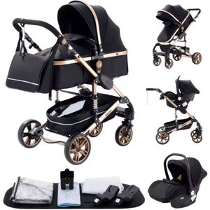 Varnox Kinderwagen 3 in 1 - Kinderwagen - Bedje - Buggy - Reiswieg - Combi kinderwagen - Kinderwagen met autostoel - Opvouwbaar - Aluminium frame - Zwart/Goud