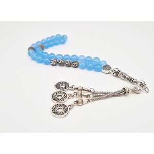 Handgemaakte tasbih 33 Kralen Natuursteen “Blauwe Jade ” – Met je naam of de naam van uw geliefde- 8 mm diameter van de korrel - met tassel “Omarmen