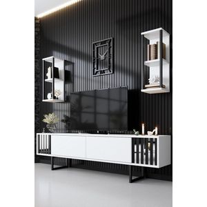 Emob- TV Meubel Modern TV-meubel | Woody Mode | 100% Melamine | Metalen Poten | Wit Zwart - 192cm - Wit