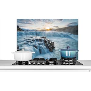Spatscherm keuken 80x55 cm - Kookplaat achterwand Waterval - Water - Stenen - Zon - Natuur - Muurbeschermer - Spatwand fornuis - Hoogwaardig aluminium