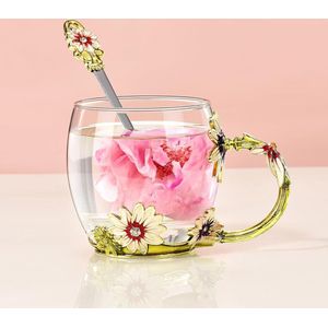 Damescadeau, cadeaus voor mama, vrouwen, cadeau, Kerstmis, omacadeau, schoonmoeder, geschenken, cadeaus voor vriendin, emaille glas, bloem, theekopje, koffiemok met lepel, set