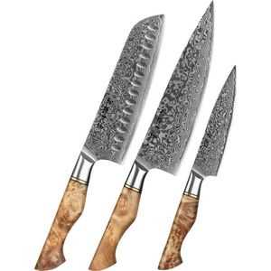 Luxe en Professionele 3-delige Keukenmessen-set van Damascus Staal (67 lagen, VG10) | HEZHEN B30 Series | Vlijmscherpe Damascus Stalen Lemmeten | Handvat van Plataanhout met Klinknagel Mozaïek | Koksmes + Santokumes + Groentemes