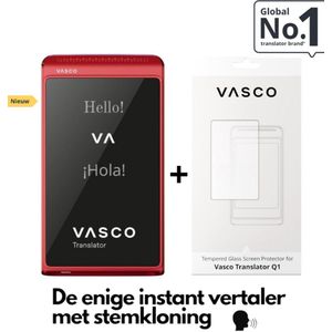 Vasco Translator Q1 Scarlet Pulse AI vertaler + Vasco Screen Protector voor Translator Q1. Nieuw 2025 de enige instant translator met stemkloning telefoongesprekken en handsfree modus gratis Internet foto en telefoon Vertale