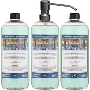 Handzeep Hammam Herbal 1 liter - set van 3 stuks - met gratis RVS zilverkleurige pomp - Voordeelverpakking