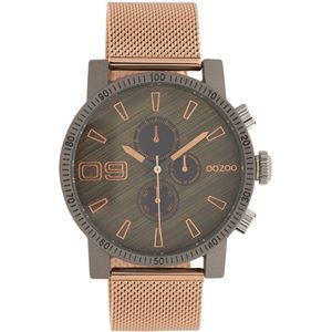 OOZOO Timepieces - Donker grijze horloge met rosé goudkleurige metalen mesh armband - C10685
