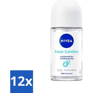 12 x NIVEA - Deodorant Roller - Frisse Comfort - Antibacterieel - 50 ml - NIVEA Deodorant - Deodorant Roller - Antitranspirant - Frisse Geur - Katoen Geur