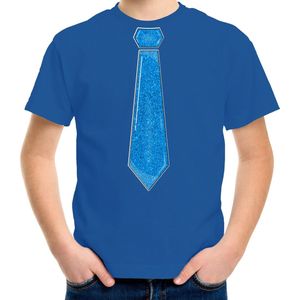 Bellatio Decorations Verkleed t-shirt voor kinderen - glitter stropdas - blauw - jongen - carnaval 164/176