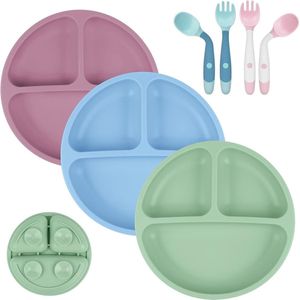 Baby zuigplaat, 3 stuks siliconen baby zuigplaten, antislip siliconen baby spenen plaat, verdeelde gerechten voor peuter kinderen zelfvoeding, past voor de meeste kinderstoelen trays (groen/roze/blauw)