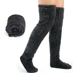 Pluche overknee-sokken voor dames, boven de knie, pluizige pluche sokken, warme kniekousen, pantoffelkousen, knuffelsokken, wintersokken voor vrouwen, winter, huisbont, lange beenwarmers - donkergrijs