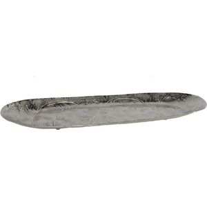 Kaarsen plateau met rand en reliefwerk - ovaal/bladvorm - metaal - zilver - 49 x 16 cm
