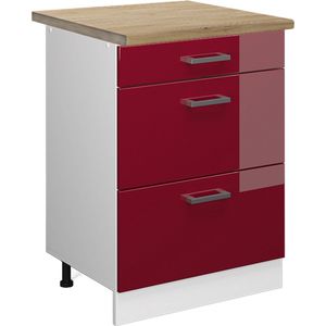 Vicco R-Line Keuken Keukenonderkast – 60 cm met laden, WB Eik Bordeauxrode hoogglans met laden, WB Eik