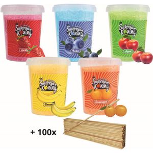 Suikerspin Suiker - Aardbei - Bosbes - Appel - Banaan - Sinaasappel - 5 potten x 400 gram incl. ± 100 suikerspin stokjes - Fruit combo 1