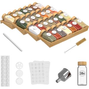 Noswo Kruidenrek Lade - Met 28 Potjes - Complete Set - Vierkant - Strooideksel en Labels - Kruiden Organizer - Keukenlade Organiser - Bamboe