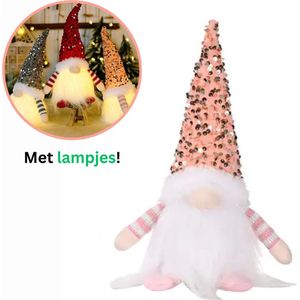 MOZY - Kerst Gnoom - Roze - met Verlichting - 30 cm - Glitter Pailletten - Gnome - Gnomen - Kerstversiering - Kerst Decoratie - Kerstboom Versiering