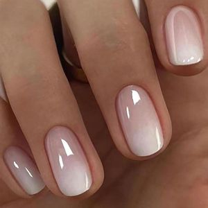 Trankielo Short Square Chrome French Acrylic Nails Shiny False Nails Full Cover- Set of 24 .