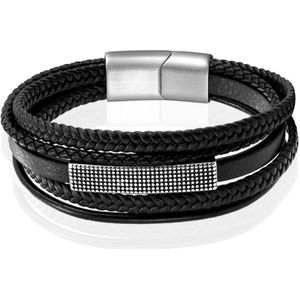 Mendes Jewelry Heren Armband - Robuust Zwart Leder met Zilveren Rechthoekige Plaat-19cm