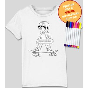 Inkleurbaar t-shirt kinderen – skater jongen - kinderspeelgoed – 3 tot 8 jaar - eigen naam – gepersonaliseerd – kleuren – viltstiften voor kinderen – t-shirt