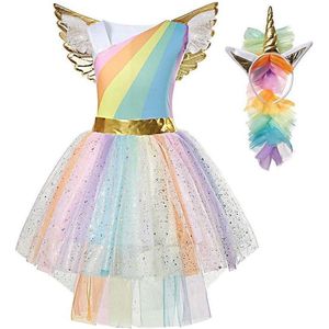 Joya® Regenboog Eenhoorn Verkleed Jurk Set | Unicorn Jurk kostuum | Prinsessen jurk verkleedjurk + Haarband | Maat 140-146 - XL | Cadeau meisje