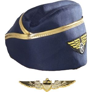 Smiffys Stewardessen verkleed set - wings broche speldje - Stewardessen hoedje - blauw - dames - carnaval - luchtvaart/vliegeniers