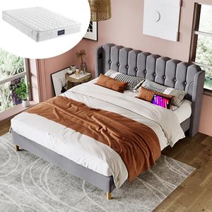 KOMHTOM Bed Tweepersoonsbed 160x200 cm met USB-oplaadfunctie Type C bedframe met lattenbodem Volwassenenbed grijs met matras
