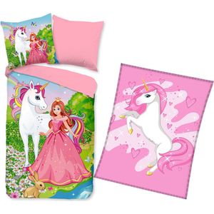 Dekbedovertrek Unicorn Prinses- Eenhoorn- 140x200/220- Katoen- roze- incl. warme fleece deken Unicorn roze - 150x200cm!