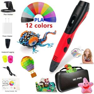 3D-printpen met 12 kleuren PLA-filamentondersteuning ABS/PLA-filament DIY-tekencadeau voor kinderen met LCD-scherm - Rood