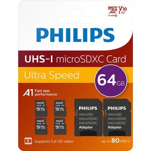 Philips FM64MP45G Micro SDXC kaart 64GB - incl. Adapter - Class 10 - UHS-I U1 - 4-Pack - Voordeelpak