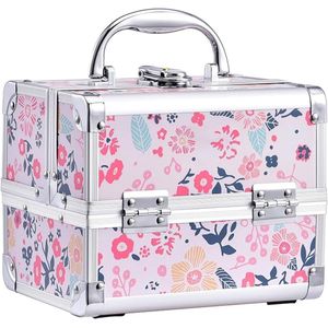 FURNIBELLA-Roze Vanity Case met Bloemen – Make-up- en Sieraden Organizer met Spiegel (19,5 x 15 x 16 cm)