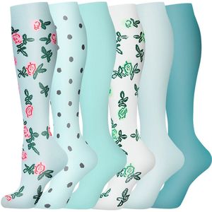 6-Paar Compressiesokken - Sportondersteunende sokken - Hardloopsokken - Steunsokken - Beenvormende sokken - Progressieve compressiekousen - Bloemenpatroon - Geschikt voor sportbescherming en dagelijks woon-werkverkeer - Groen -maat S/M