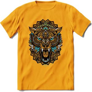 Wolf - Dieren Mandala T-Shirt | Lichtblauw | Grappig Verjaardag Zentangle Dierenkop Cadeau Shirt | Dames - Heren - Unisex | Wildlife Tshirt Kleding Kado | - Geel - XL