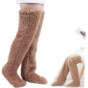 Kerst Fuzzy Kniekousen - Lange Fuzzy Kniekousen, Warme Sokken - Dames Fuzzy Kniekousen - Winter Fuzzy Warme Slaapsokken voor Thuis - Dikke Fuzzy Slaapsokken voor Herfst en Winter - Bruin