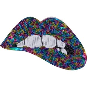 Mond Bijt Op Lip Pailletten Strijk Embleem Patch Multicolor 27 cm / 16 cm / Goud Roze Lichtblauw Groen Paars