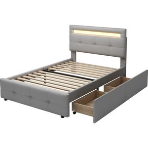 Merax Gestoffeerd Bed 90x200 cm met LED Verlichting en Schuiflade - Kinderbed - Eenpersoonsbed - Grijs