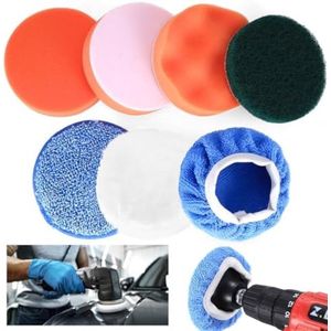 PolkaHome 7-delige polijstset voor accuschroevendraaier - 100 mm polijstsponzen, polijstpads en wollen pads - Autopolijstset voor waxen, reinigen en verzegelen
