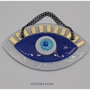 Handgemaakte Glazen Evil Eye Kralen - Traditionele Bescherming in Wit, Diep Blauw, Turquoise & Goud, 8x12 cm