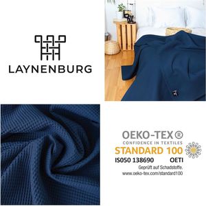 Premium sprei 240 x 260 cm XXL - wafelpiqué 100% katoen - lichte woondeken wafellook - katoenen deken als bedsprei, banksprei - bankdeken (blauw)