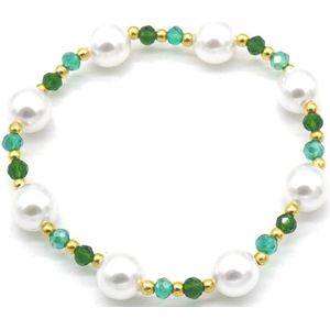 Armband - elastiek - kralen - parels - goudkleurig - groen - chiq - tijdloos - hip - outfit - feest - cadeau - dames - vrouwen