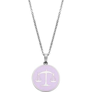 CO88 Collection Zodiac 8CN 26094 Stalen Collier met Hanger - Sterrenbeeld Weegschaal 15 mm - Lengte 42 + 5 cm - Zilverkleurig / Pastel Paars