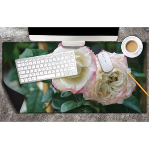 Bureau onderlegger - Duo Witte Rozen met Roze Randje aan Groene Struik - 80x40 cm - 2 mm Dik - Bureau mat Vinyl