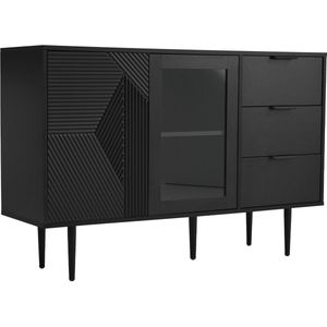 Ojiuboo-Zwarte ladekast, 3 laden + 2 glazen deuren, metalen poten, 120x38x79,5 cm