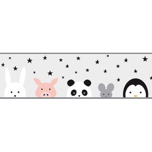 Dieren patroon behang Profhome 403732-GU zelfklevende behangrand licht gestructureerd met dieren patroon mat grijs zwart wit roze 0,75 m2