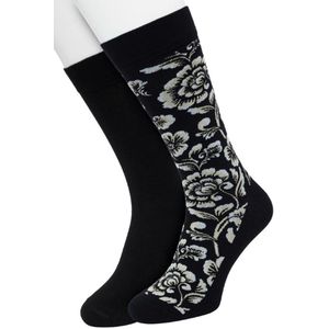 Bonnie Doon Heren Sokken set Zwart maat 40/46 - 2 paar - Effen - Bloemen - Print - Gladde Naden - Brede Boord - Uitstekend Draagcomfort - 2-pack - Multipack - Effen - Barock Flower - Black - OL2225032.101