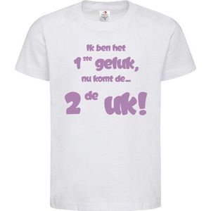 Shirt Aankondiging zwangerschap Ik ben het 1ste geluk, nu komt de ... 2de uk! | korte mouw | wit/lila | maat 122/128 zwangerschap aankondiging bekendmaking Baby big sis bro sister brother Grote Zus Broer
