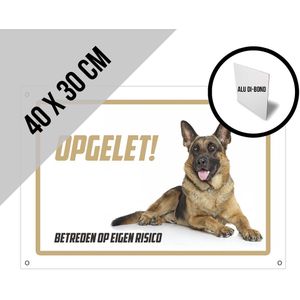 Waakbord/ bord XL alu di-bond | ""Opgelet! Betreden op eigen risico"" | 40 x 30 cm | Duitse Herder | Herdershond | Roestvrij | Waakhond | Hond | Betreden op eigen risico | Dikte: 3 mm | Aluminium | Boorgaten | Beige | Met hechtingsgaten | 1 stuk